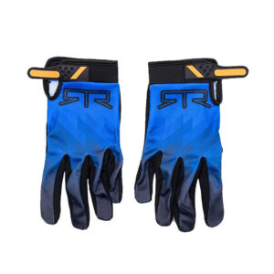 Gloves with blue and orange James Deane design, and RTR logo